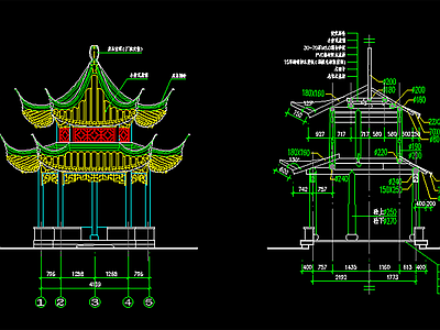 新中式中式亭子图库 五角重檐亭 施工图