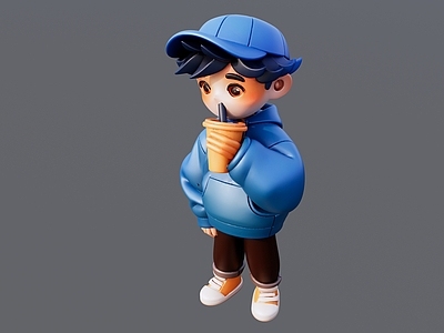 儿童 穿蓝色衣服帽子 喝咖啡 小男孩