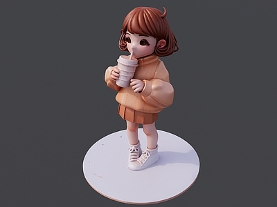 儿童 齐短发喝奶茶 小女孩