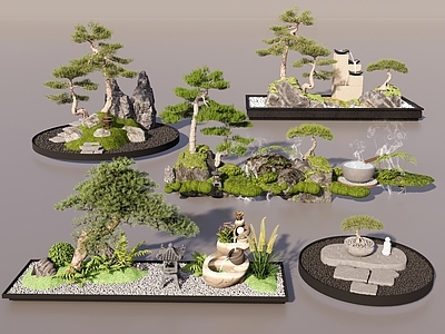 盆栽 盆栽 松树 青苔 庭院小品 石头 造景树 室内造景 微地形 枯山水 盆栽组合景观小品