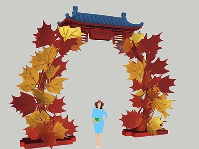 现代新中式入口大门 秋季红枫入口美陈 红枫艺术装置 景观入口 网红打卡装置 公园入口大门
