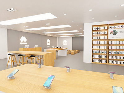 现代数码店 华为门店 木质展桌 产品陈列墙 华为Log 数码店手机店