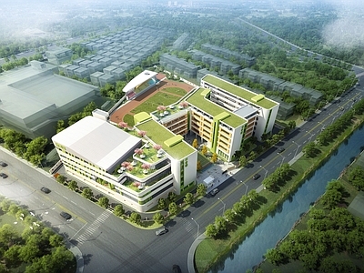 现代学校建筑 小学 教学楼学校 学校操场