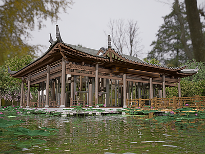 中式古建筑 中式建筑 栈道 带立柱