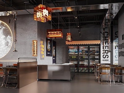 工业烧烤店 装饰挂灯 餐桌椅 工业风烤肉店