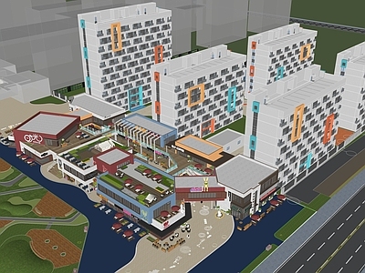 现代极简学校建筑 活力商业街 学生宿舍 公寓楼 商业外摆 夜景商业街