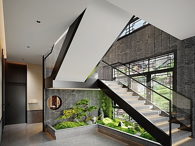 新中式其他景观小品 新中式室内景观 楼梯景观 端景