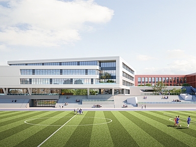 现代极简学校建筑 教学楼学校 学校操场