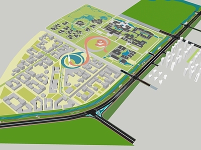 现代滨水景观 别墅区 市政道路 城市公园