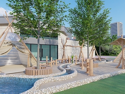 现代教育校园景观 幼儿园户外设计 沙水区 手工作坊 幼儿园水景 水车