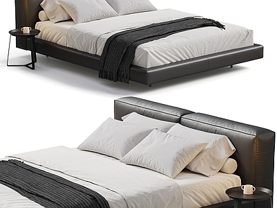 现代意式双人床 MINOTTI 现代极简双人床 意式双人床 黑色床 皮床