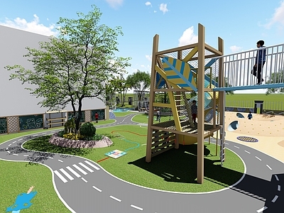 现代极简儿童游乐空间 游乐场 儿童乐园 幼儿园器械 滑滑梯 木屋