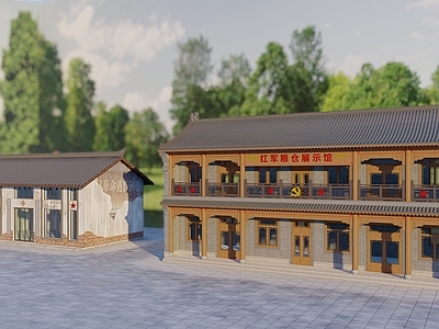 现代复古古建筑 红色文化 现代复古 建筑改造 二层老建筑