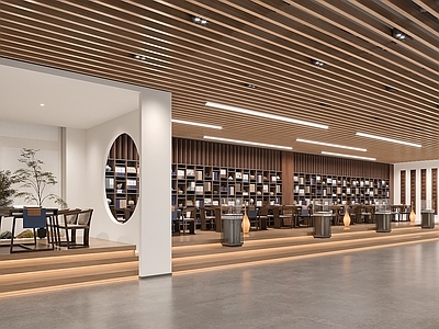 新中式现代图书馆 现代图书馆国学区 新中式研学课堂 图书馆茶歇区 对联牌匾立体字 格栅吊顶地台灯