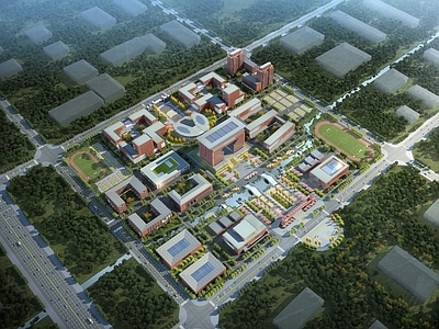 新中式中式学校建筑 教学楼 图书馆 宿舍楼 餐厅 体育场