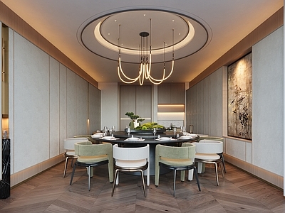 新中式轻奢茶餐厅 包厢 圆形餐桌 圆形吊顶 异性吊顶