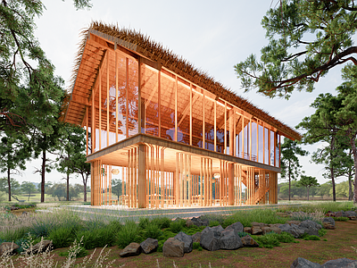 现代新中式小公建 阳光房 森林餐厅 乡村书吧 稻田景观餐厅 坡屋顶小建筑
