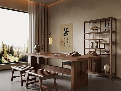 新中式茶室 新中式茶室 茶桌椅 博古架