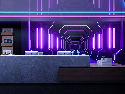 现代网吧 电竞网吧服务台 电竞网吧休息大堂 网吧收银台 置物架