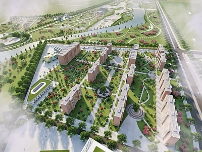 现代极简鸟瞰规划 绿色住区设 居住区景观效果 小区规划鸟瞰 滨河居住区规划