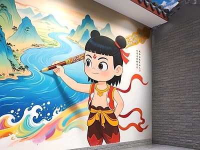 现代新中式文化墙 哪吒文化墙 哪吒 校园文化墙 文化墙 哪吒人物