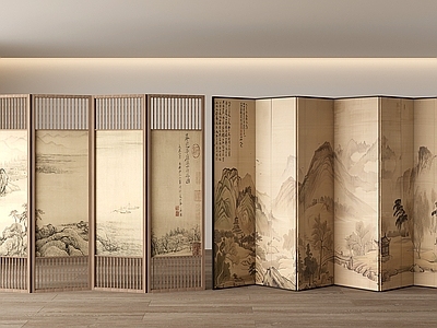 新中式中式屏风 木屏风 新中式屏风隔断 风景画屏风