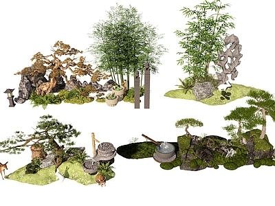 新中式中式庭院小品 盆栽 松树 青苔 庭院小品 石头 造景树 室内造景 微地形 枯山水 盆栽组合景观小品
