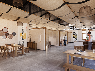 中式侘寂中餐厅 中餐厅明档 侘寂中餐馆 侘寂原木茶餐厅 垂布帷幔吊顶 餐座椅组合
