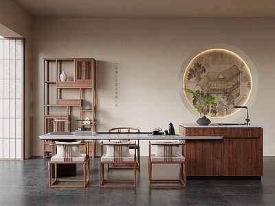 新中式茶室 新中式茶室 茶桌椅 茶台 博古架