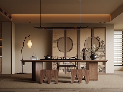 新中式茶室 新中式茶室 茶桌椅 屏风