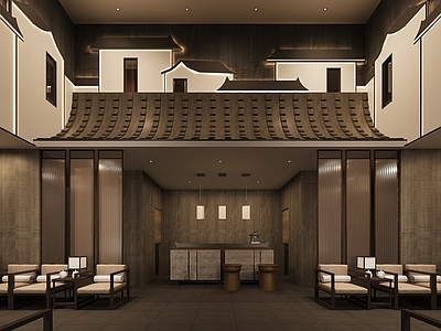新中式侘寂足浴店 足浴前台接待区 新中式大堂挑空区 复古接待休息区 屋脊徽派墙造型 前厅大堂接待区