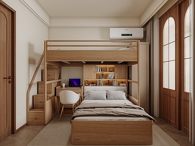 中古上下床 实木儿童上下床 白蜡木组合床 高低子母床 衣柜书桌床 实木床 中古风上下铺卧室