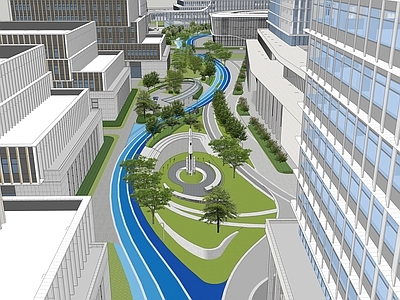 现代办公园区景观 办公园区 航空 景观雕塑 廊架 绿轴
