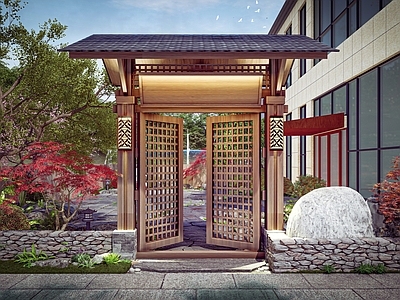 新中式日式别墅 中式建筑门面 日式景观门户 庭院景观