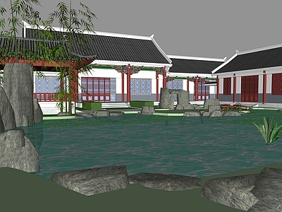 中式禅意四合院 中式庭院 苏州园林 中式廊亭