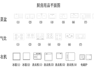现代美式厨房设施 集成灶 燃气灶 洗菜盆 冰箱洗衣机电磁炉 厨房用品平面图 施工图