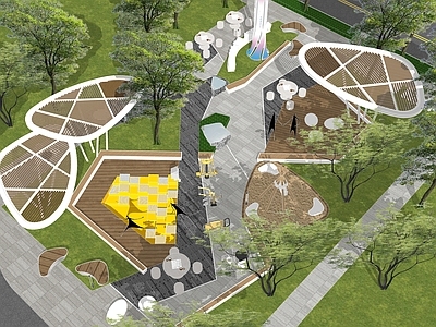 现代口袋公园 街角口袋公园景观 市民活动休闲广场 街边绿地小游园 户外桌椅创意座椅 异形廊架空间