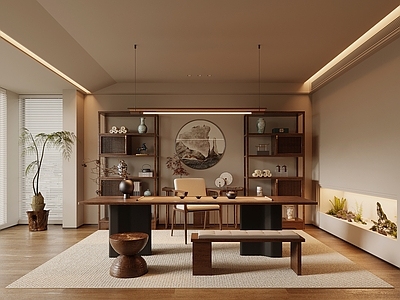新中式茶室 新中式茶室 茶桌椅 茶台 博古架