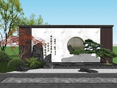 新中式中式景墙 新中式景墙 红枫 罗汉松 流水水钵 石头