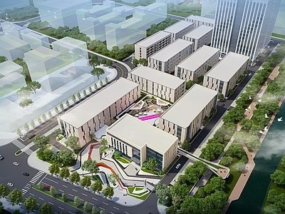 现代新中式产业园办公楼 产业园景观 产业园建筑 创意产业园