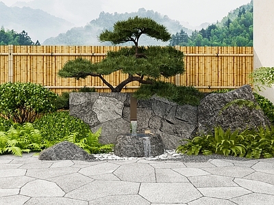 现代日式庭院小品 现代日式庭院小品 日式枯山水庭院 新中式禅意水景小 庭院跌水景墙小品 罗汉松植物堆
