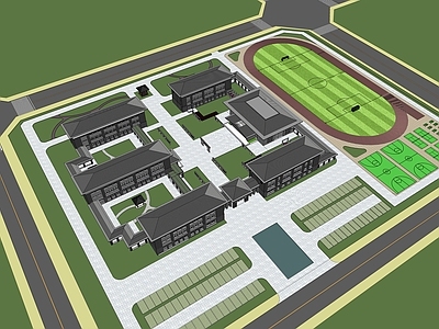 新中式学校建筑 学校操场 教学楼学校