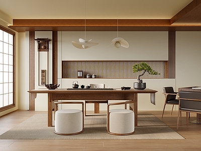 新中式中式茶室 书房 茶桌椅 凳子 盆栽 麻将桌椅