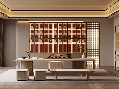 新中式茶室 新中式茶室 茶桌椅 博古架