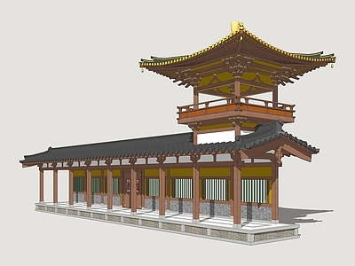 中式新中式古建筑 唐风古建长廊 园林长廊 古风长廊 寺庙长廊 寺庙建筑