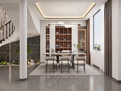 现代茶室 别墅茶室 别墅楼梯间 现代茶桌组合
