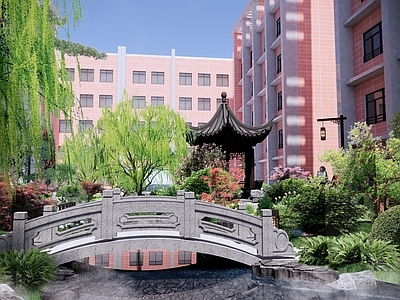 中式教育校园景观 校园景观 中式景观 中式园林 仿古六角亭 石拱桥
