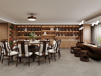 新中式现代烟酒店 烟酒店 茶叶店 喝茶区 根雕 圆餐桌