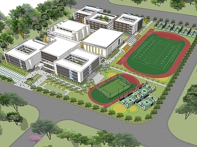 现代轻奢学校建筑 现代一贯制学校 组团式学校 景观校园建筑 竖线条教学建筑 穿插式学校空间
