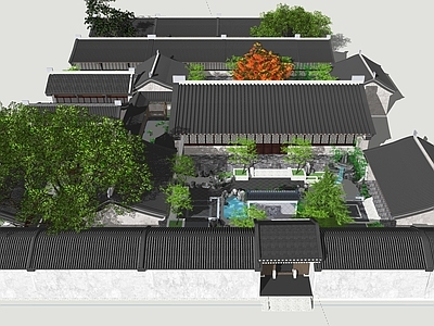 新中式中式四合院 四合院景观建筑 四合院园林造景